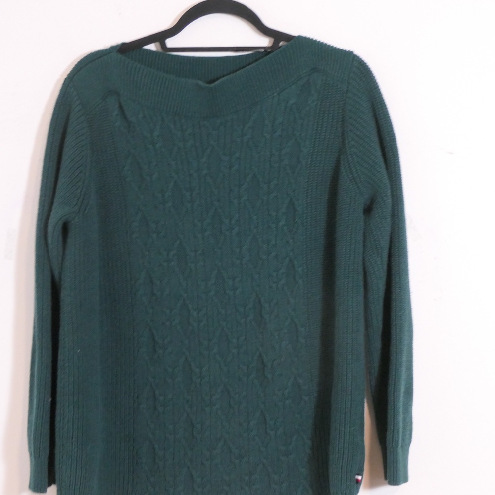 Tommy Hilfiger Women Sweater XL Green Cable Knit Dark Academia Heritage Layering